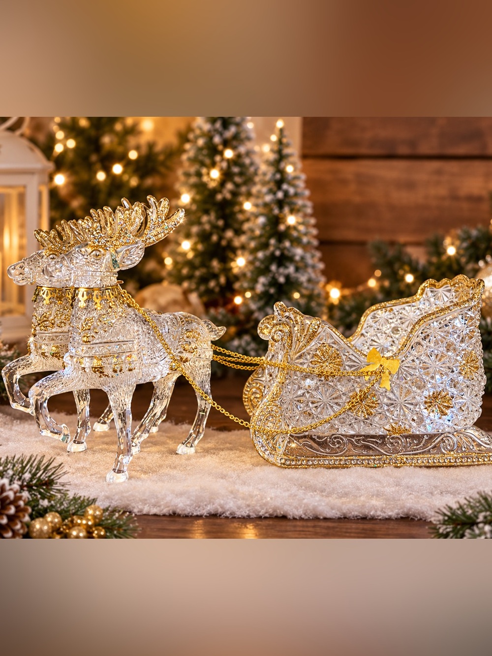 VTG Crystalline Reindeer & Sleigh Set Clear Acrylic Gold Accents Boxed